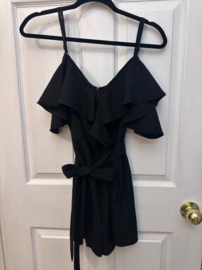 Black Ruffled Shorts Romper with Waist Tie